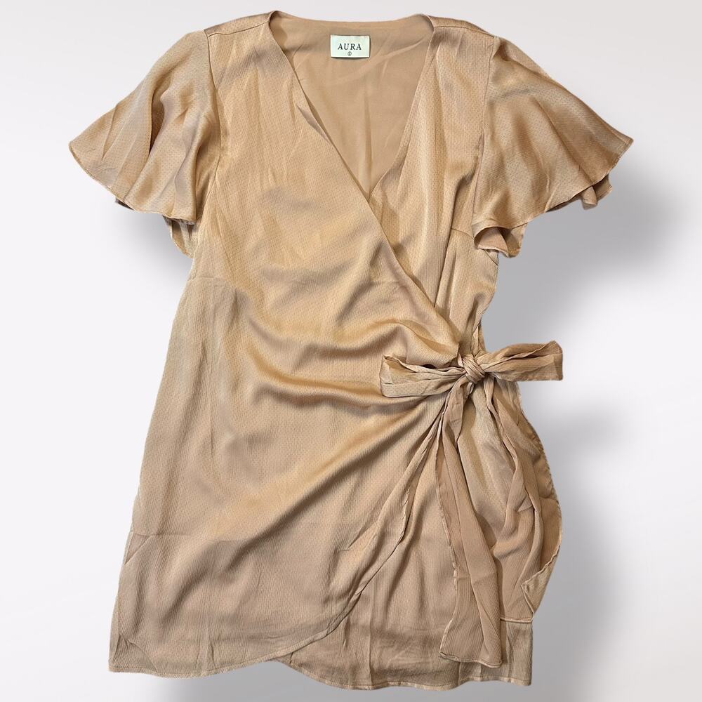 Aura Blush Wrap Dress Flutter Sleeves Size‎ L Classic Party Romantic